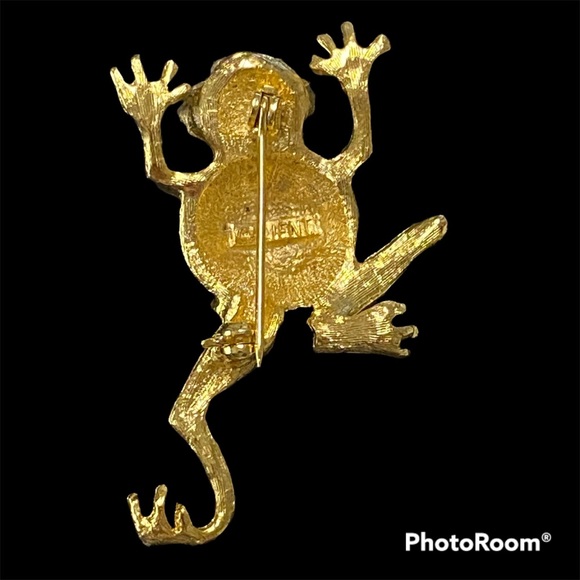 Gold Tone M Jent Frog Brooch With Clear Rhinestone Bling Head - Picture 4 of 9